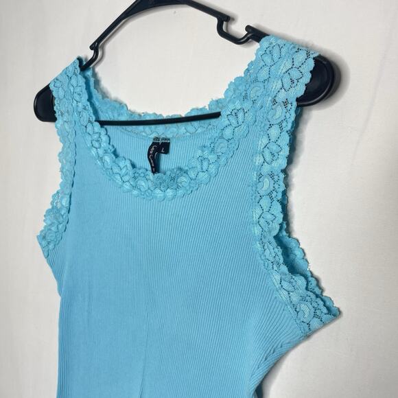 Y2K Cha Cha Vente Baby Blue Tank Top Lace Trim Size L 2000s Lettuce Hem USA Made - Picture 4 of 9